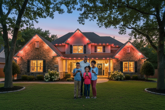 African American family controlling Valentine's Day lights with phones