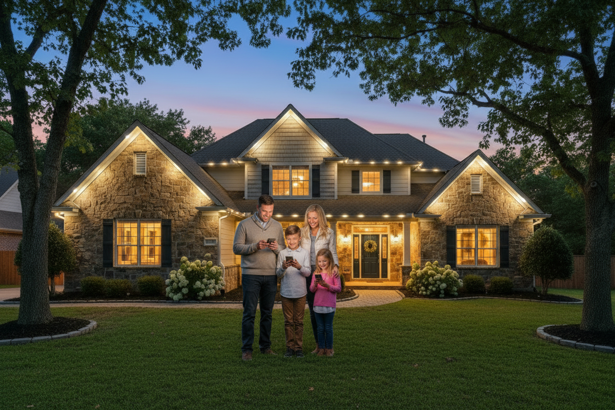 Family controlling lights with phones in front of house