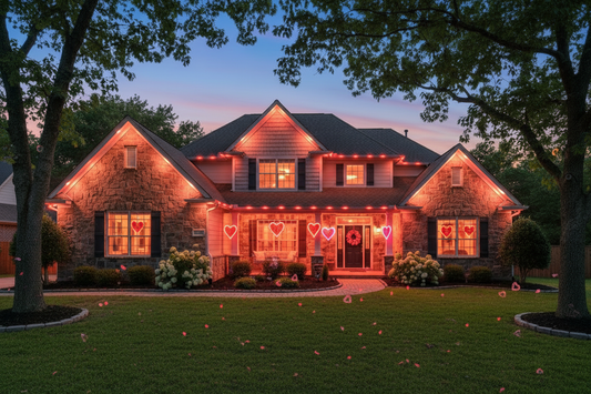 House with Valentine's Day red and pink lights
