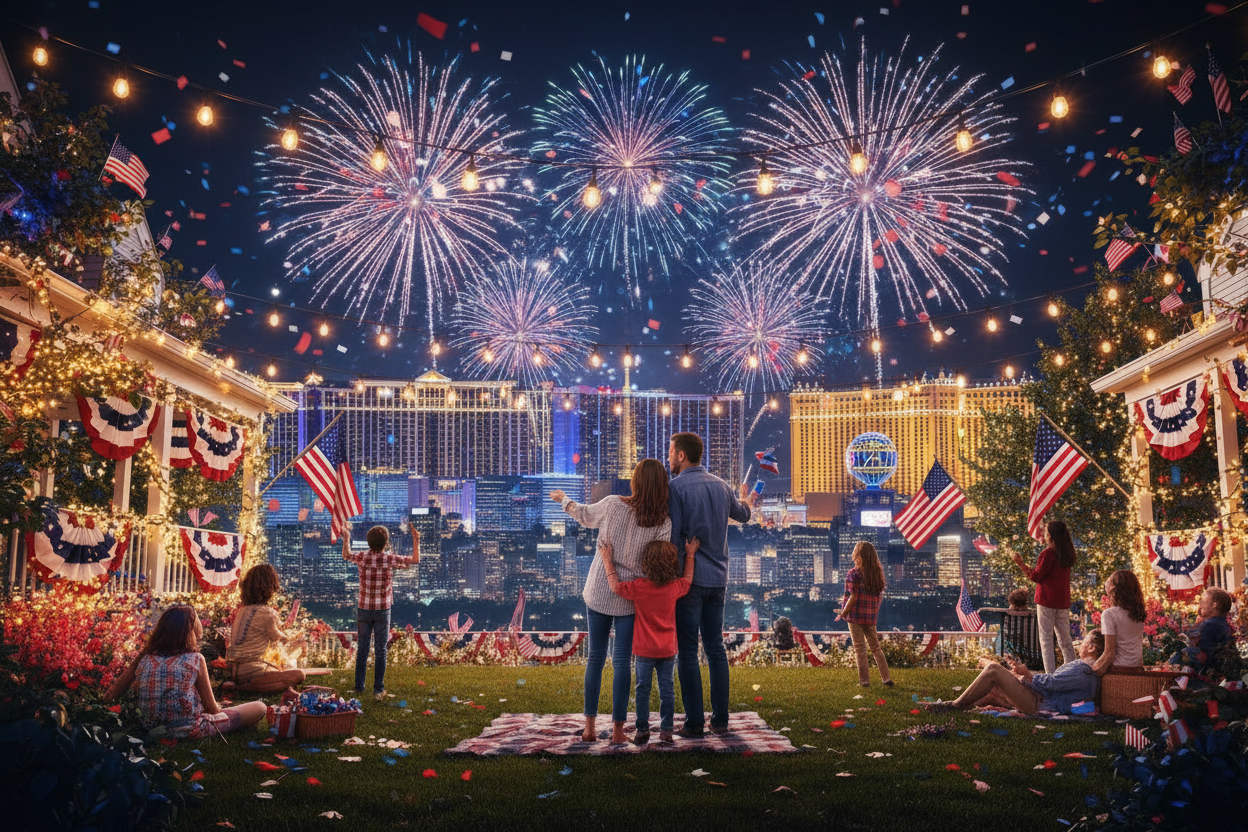 Patriotic family fireworks with Vegas skyline